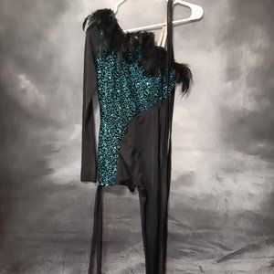 Weissman Sequined Asymmetric feather trim lace leotard costume Size med